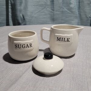 The Old Pottery Company Ceramic Sugar Jar Bowl w Lid & Milk Pitcher